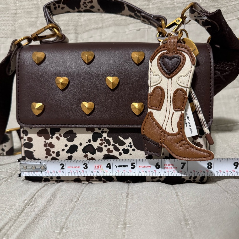 Betsey Johnson Western Brown & Black Cow Crossbody Bag with Heart Accents Charms - Picture 13 of 16